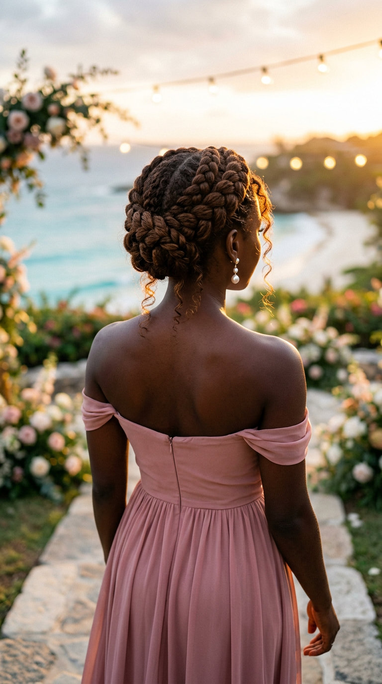 long braided crown updo with natural black, pancaked braids, face-framing tendrils — ethereal wedding guest