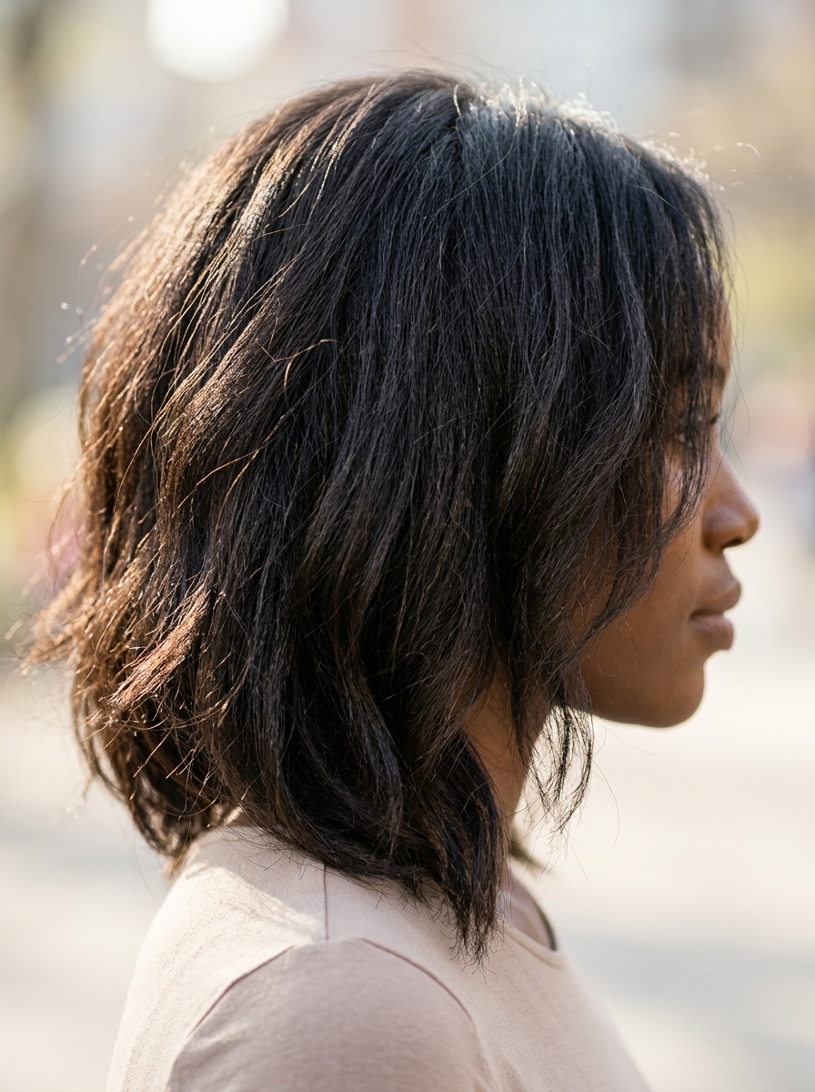 shoulder-length natural black tousled textured lob for summer
