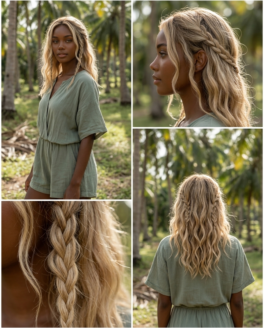 long wavy blonde hair with face-framing braids, bohemian & relaxed for weekend