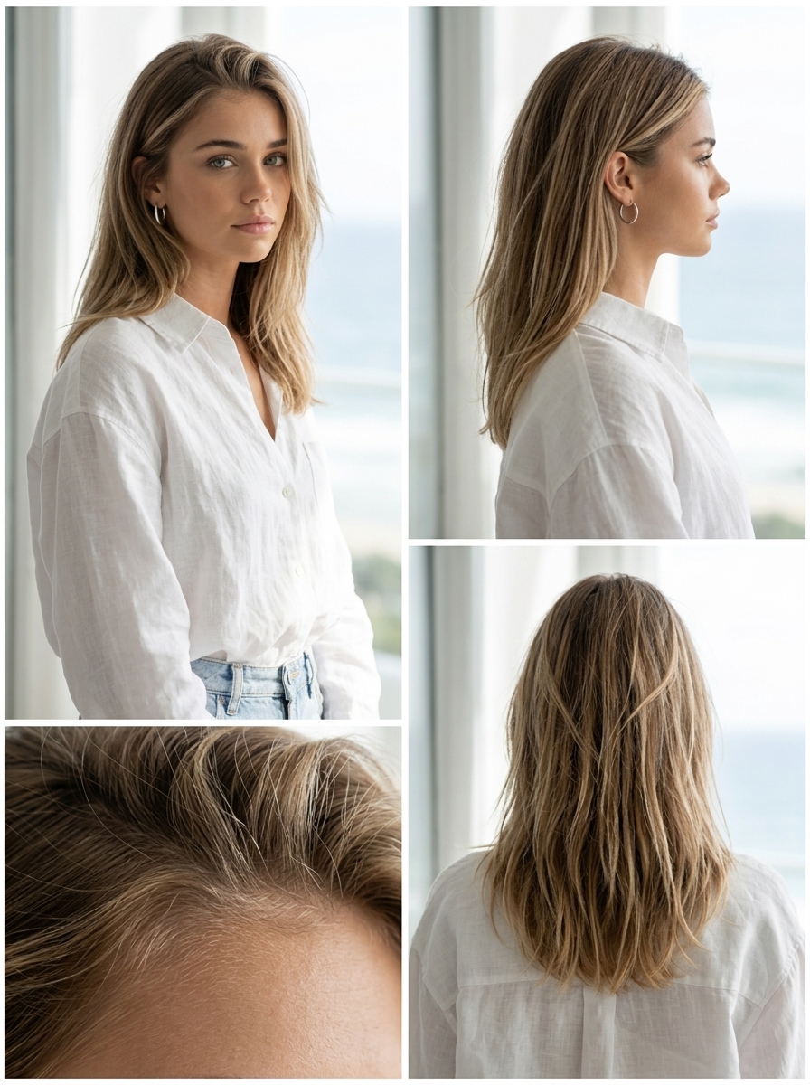 long natural blonde hair with tousled hairline detail, soft & effortless for daily errands