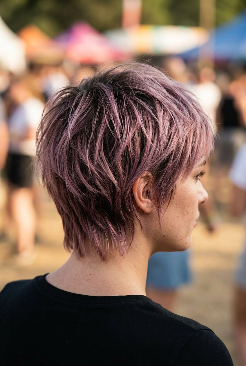 short blue-black to mauve ombre pixie-shag with razored layers and choppy fringe for edgy look
