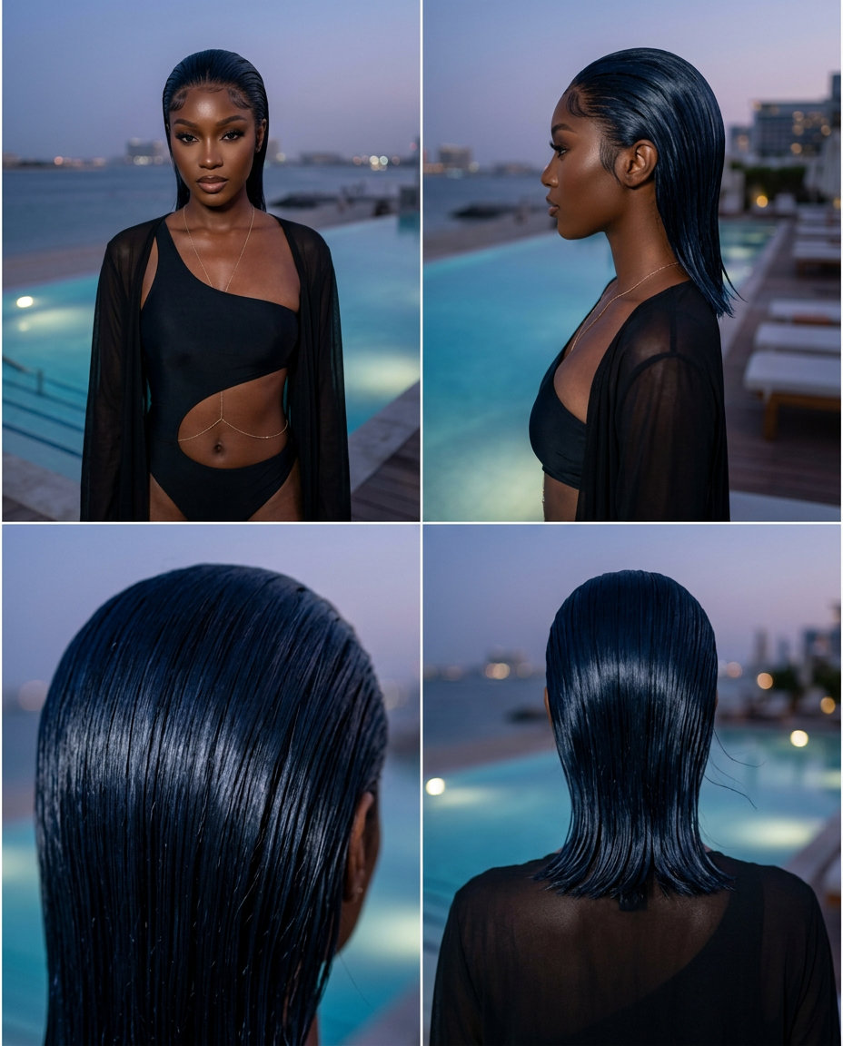 short slicked-back wet look with deep blue-black natural hair and laid edges for summer
