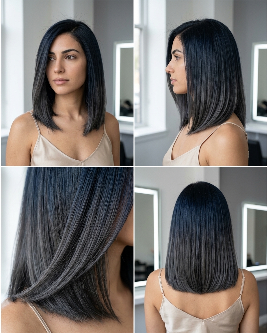 shoulder-grazing lob with blue-black to charcoal grey ombre, blunt perimeter, deep side part — minimalist sophisticated