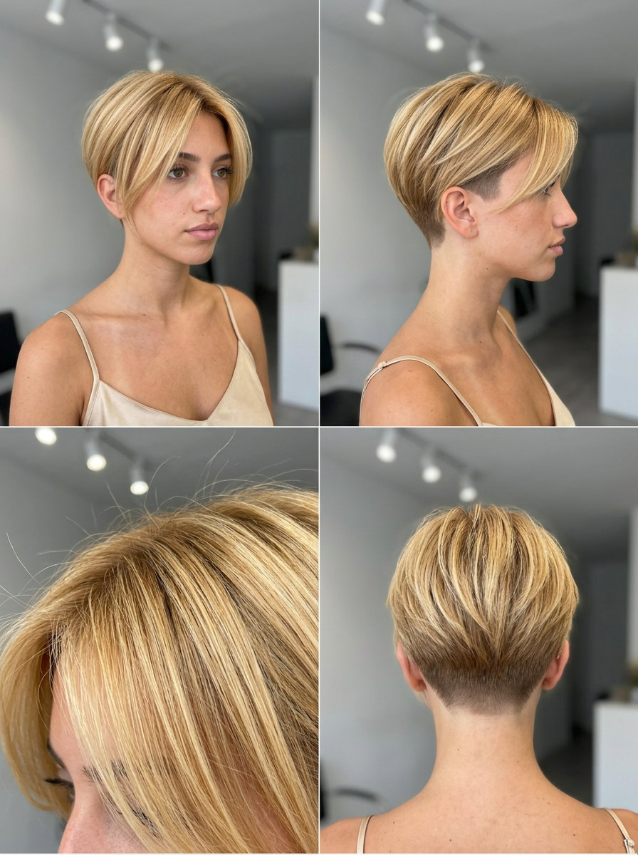 short textured pixie haircut in bright honey blonde with root smudge and tapered sides for festival