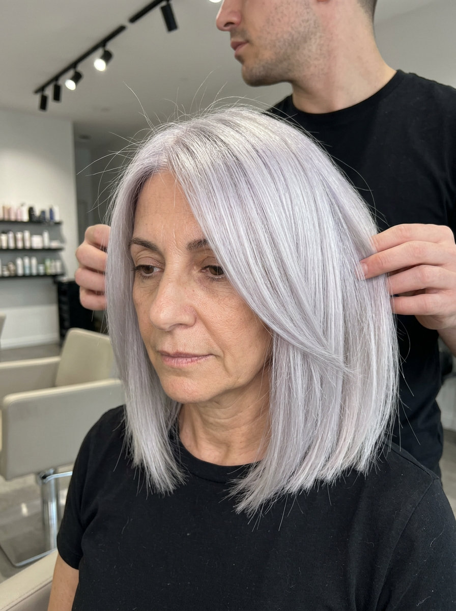 shoulder-length blunt lob with bright silver hair, minimal layers, and center part for summer