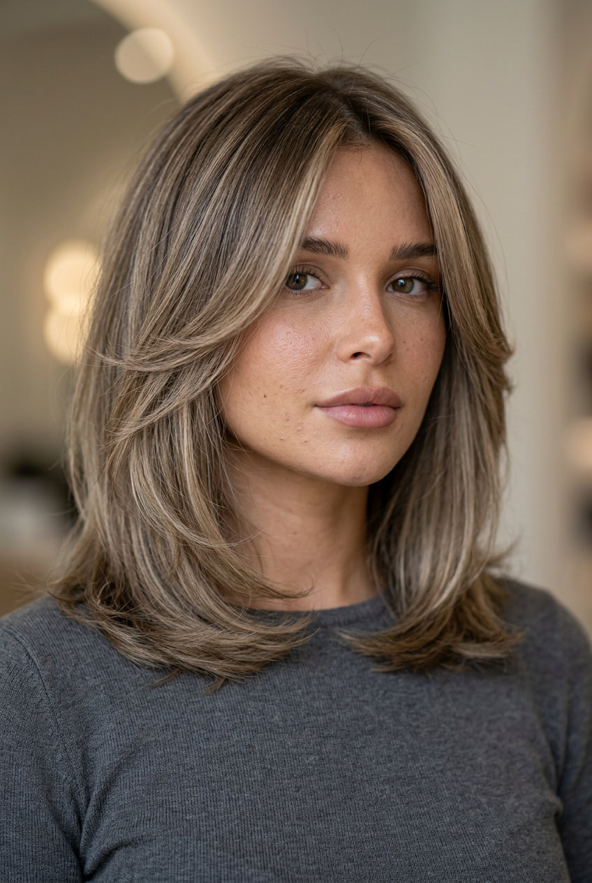 collarbone-length bronde layered lob with beige highlights and soft waves for work