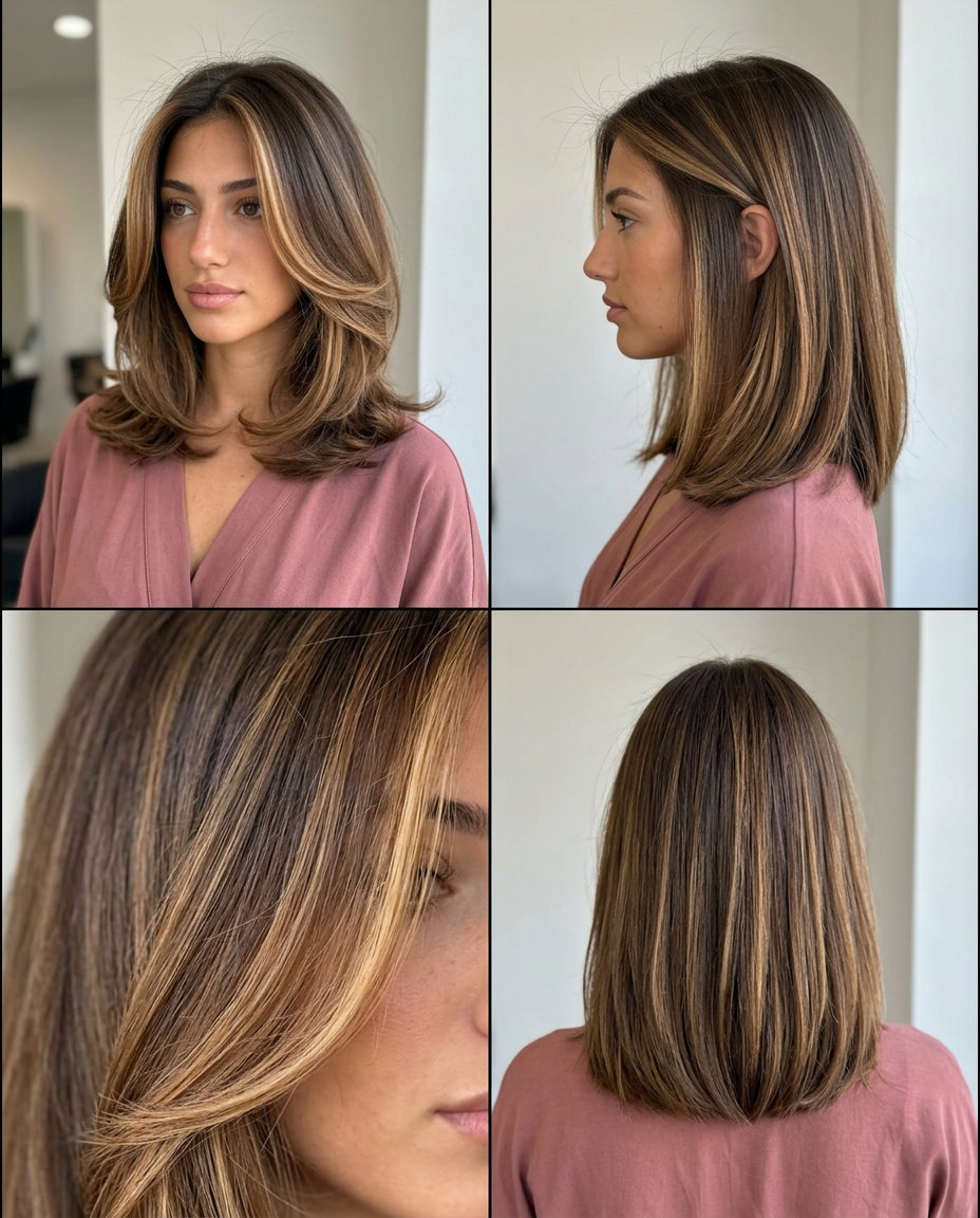Bronde Money Pieces for Brunettes 2026 long layered butterfly cut with bronde money pieces and warm caramel highlights