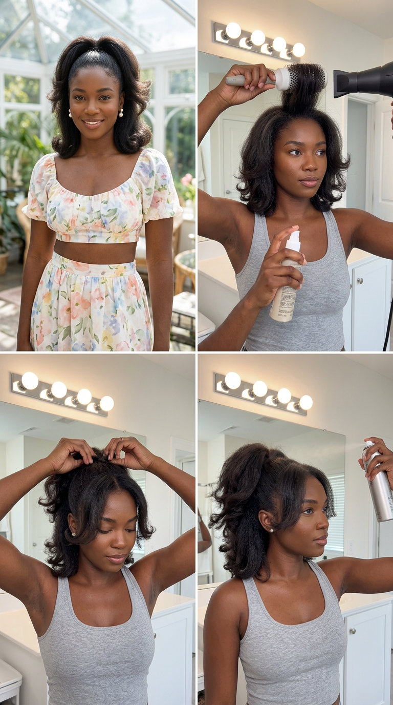 brunette balayage high ponytail hairstyle 2026 with voluminous layers, outward curl technique, face-framing layers — playful and soft