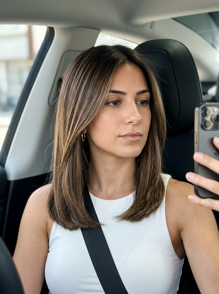 Shadow Contour Cut 2026: Brunette for Round Faces collarbone-length dimensional brunette haircut with caramel lowlights, ash babylights, blunt perimeter, no bangs — sophisticated professional