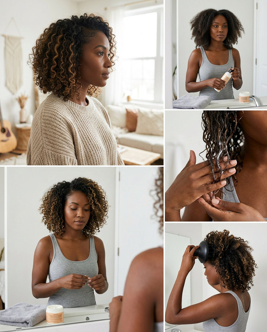 chin-length curly bob with golden amber balayage and face-framing layers for summer