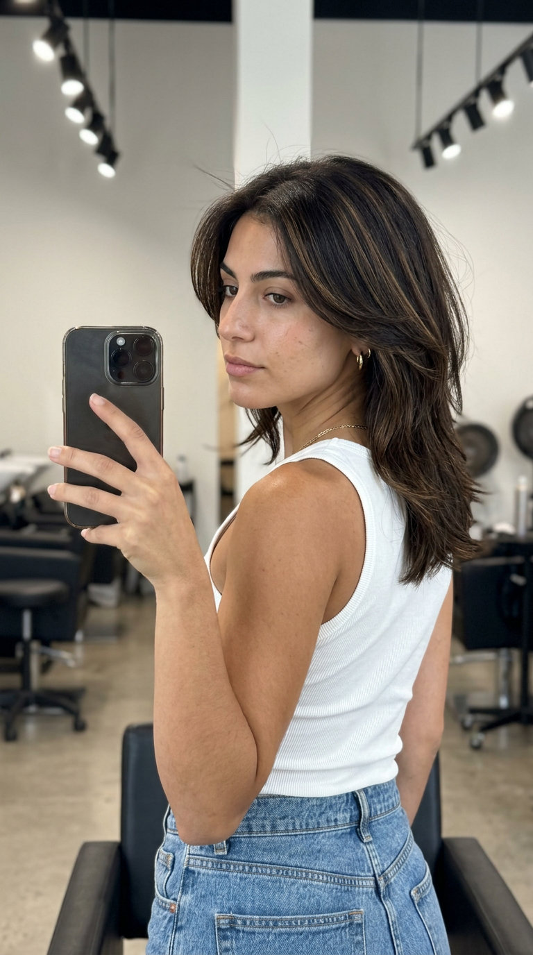 medium-length wolf cut in deep brunette with golden brown highlights, choppy layers and razored face-framing for summer