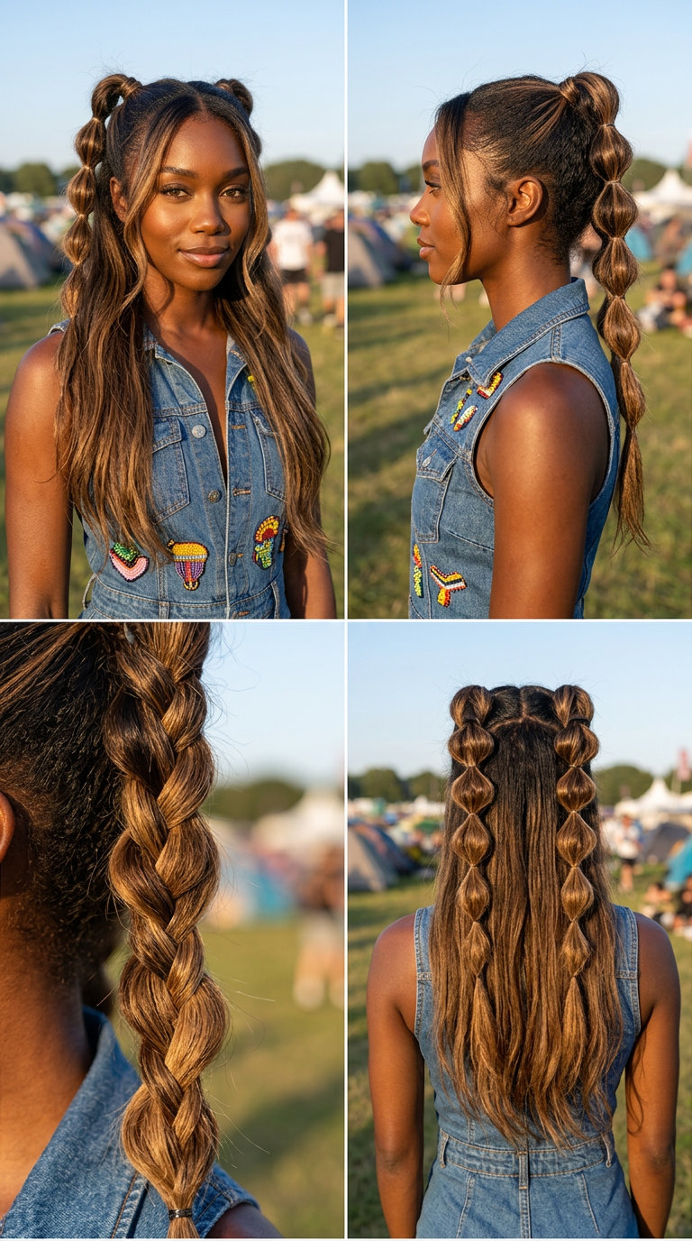 long flowing hair with golden caramel balayage, soft invisible layers, curtain bangs — playful