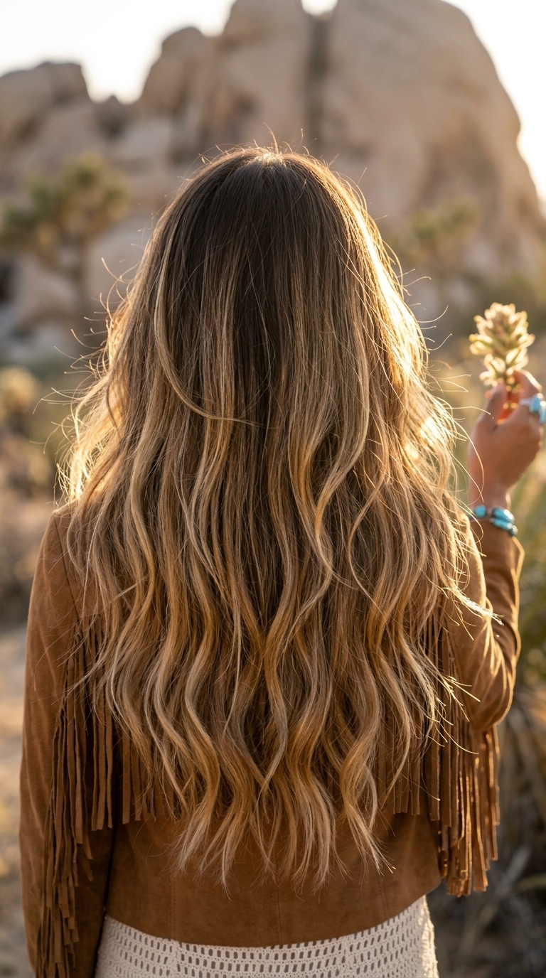long layered haircut with golden blonde balayage on brunette base, face-framing pieces, and soft waves for bohemian style