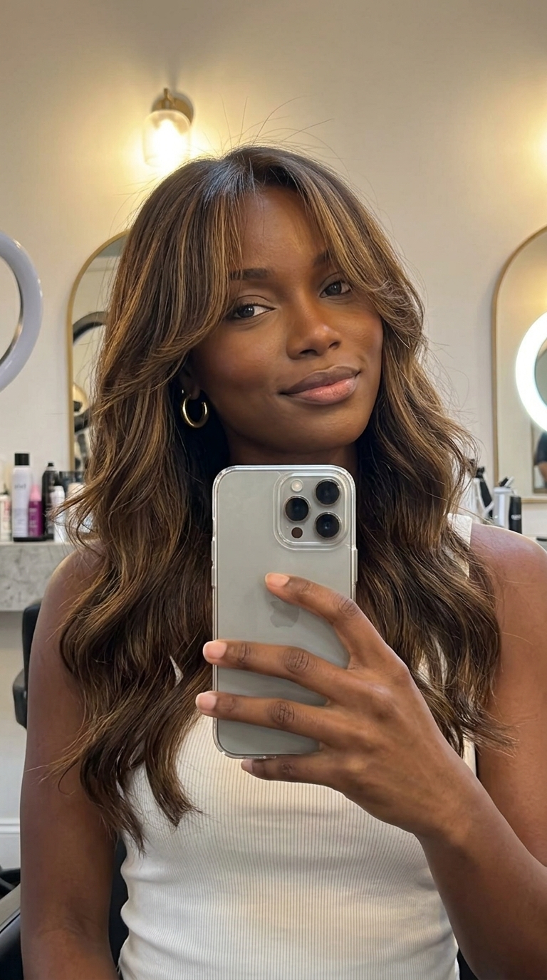 long natural brunette curtain bangs with sun-kissed golden babylights, air-touch balayage for summer