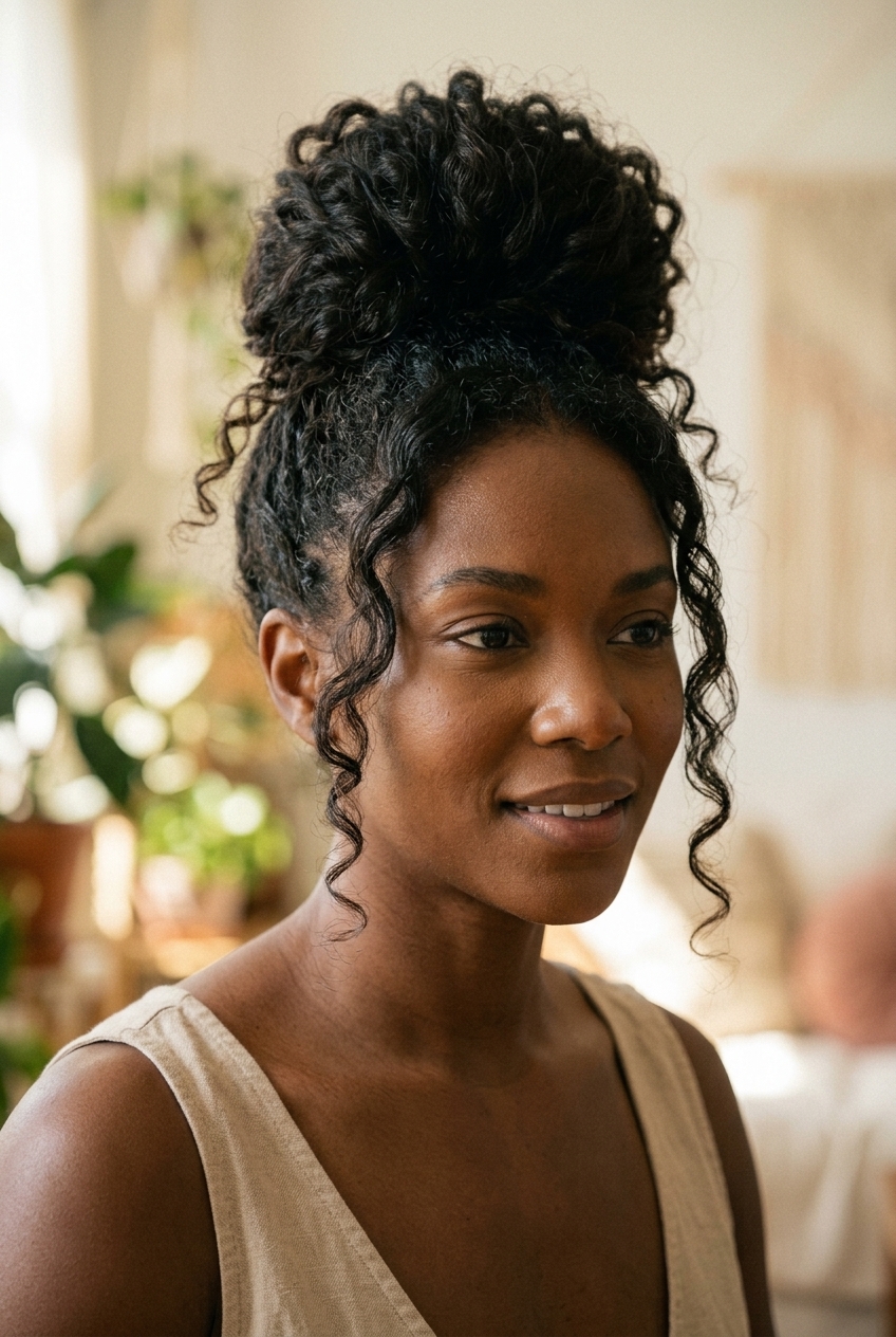 long natural brunette messy bun with face-framing tendrils for summer