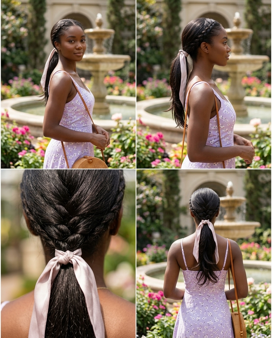 long braided ribbon ponytail with natural brunette color, low pony & braid detail for summer garden party