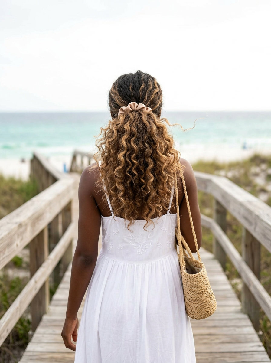 Effortless Heatless Curls Palm Pony 2026 long heatless curled ponytail with natural brunette & warm blonde highlights, brushed out waves for romantic weekend