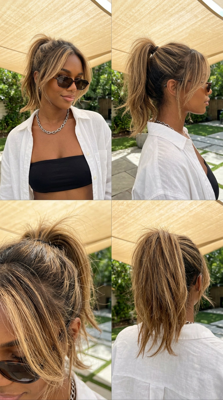 long brunette ponytail with sun-kissed blonde and messy texture for festival