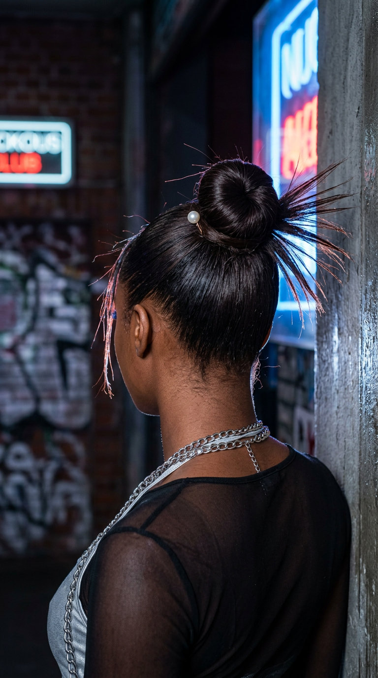 medium deep cool brunette spiky bun with clipper-fade nape for edgy looks