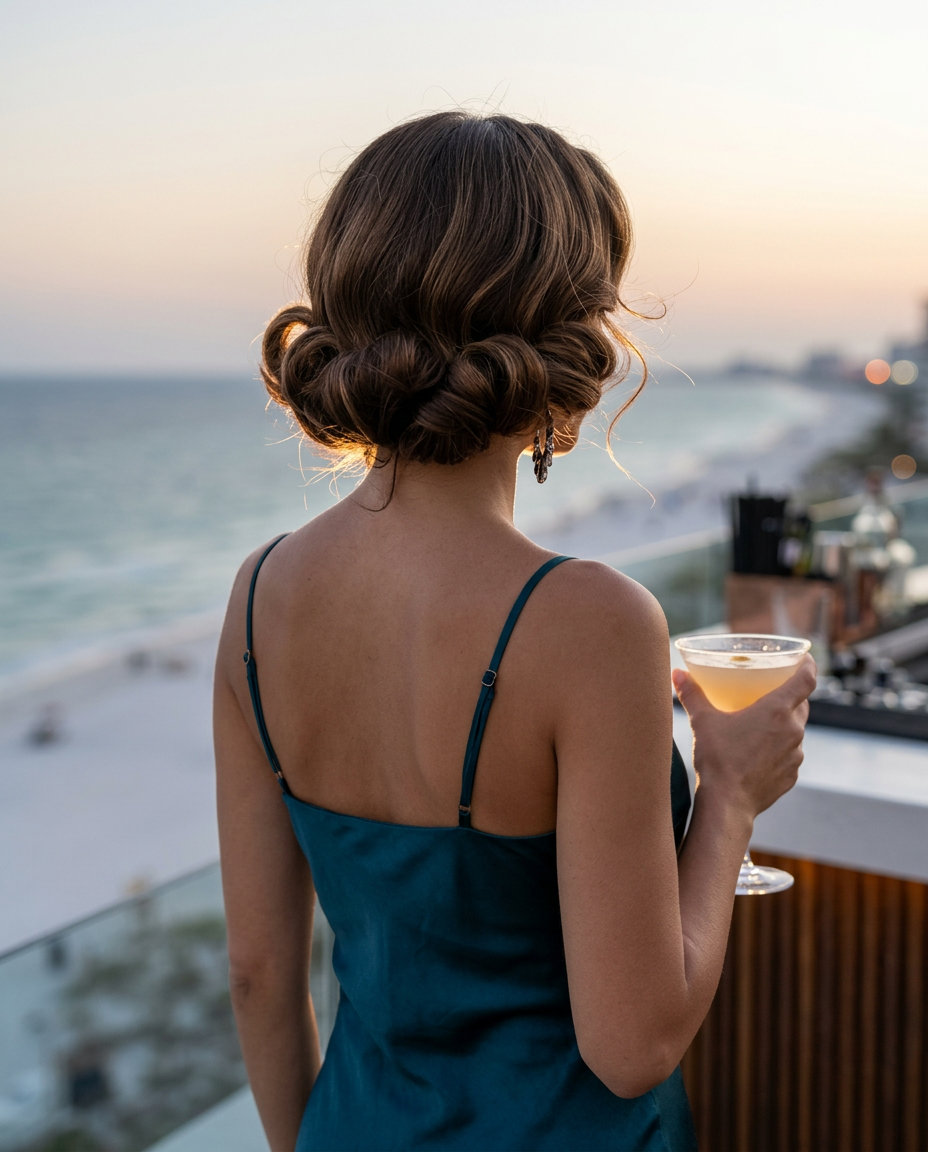 short bob haircut with rich brunette color, pin curls, and glamorous mood for summer