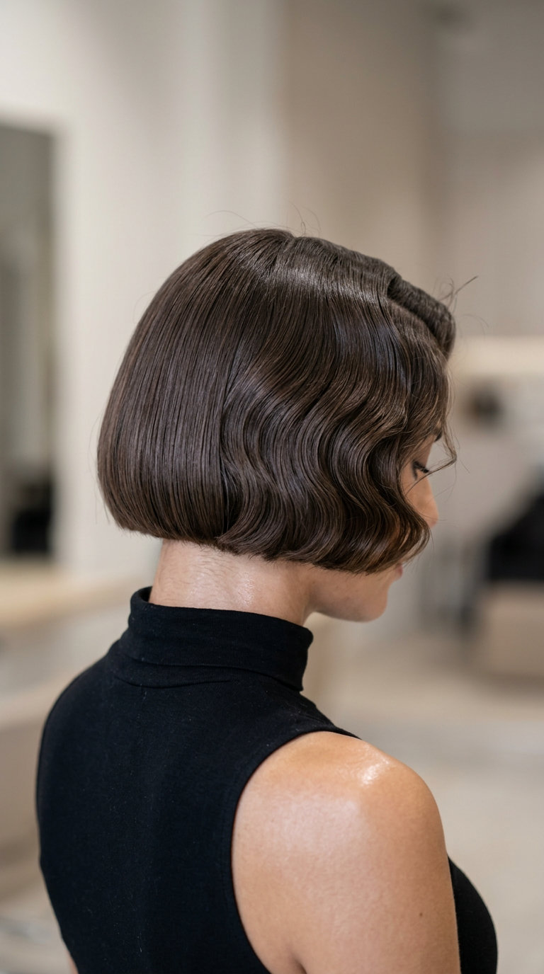 short french bob haircut with deep natural brunette, high-gloss finish, rounded corners — retro, glamorous