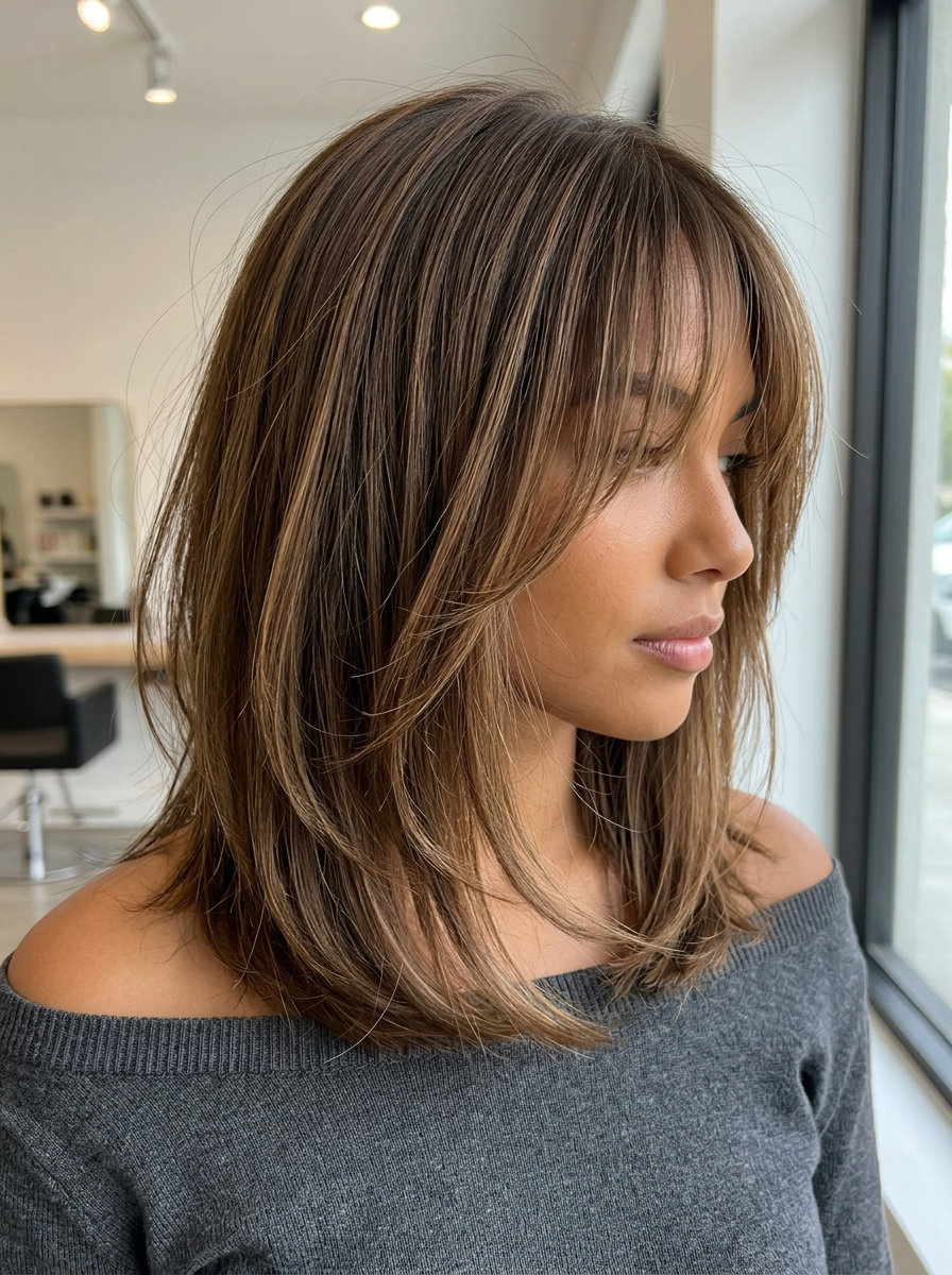 Birkin Bangs: Playful Brunette Summer Cut 2026 shoulder-grazing haircut with brunette, wispy Birkin bangs for summer 2026