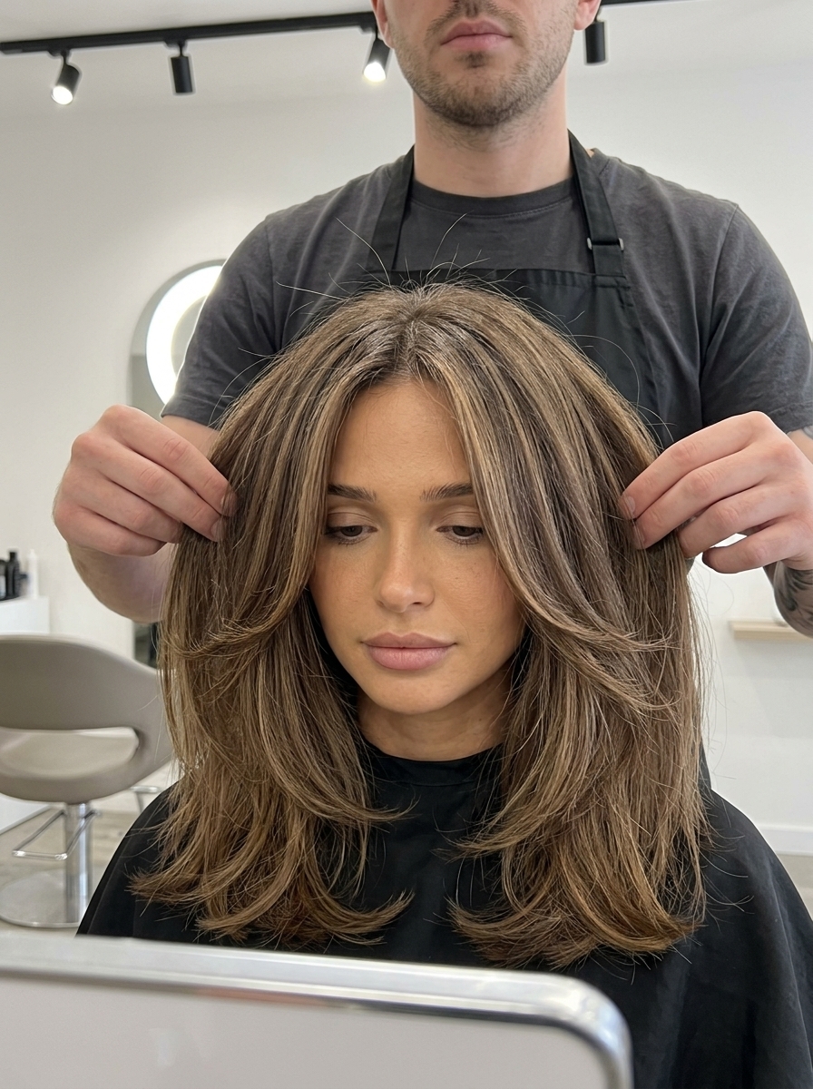Fresh Summer Haircut 2026: French Girl Style shoulder-length haircut with brunette, caramel babylights, jawline face-framing layers — effortless, French chic
