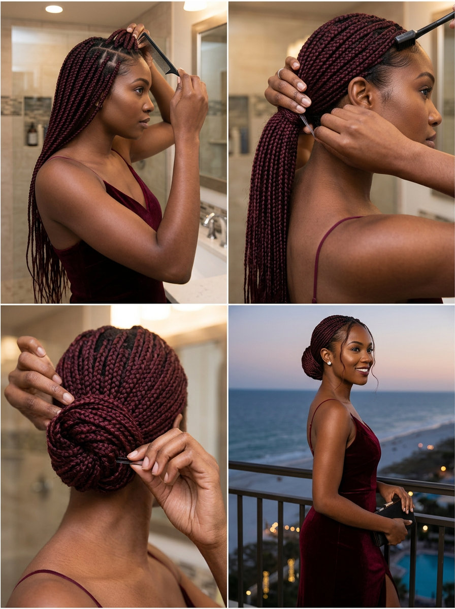 long velvet burgundy braided chignon with sculpted waves and plum undertones for formal evening event