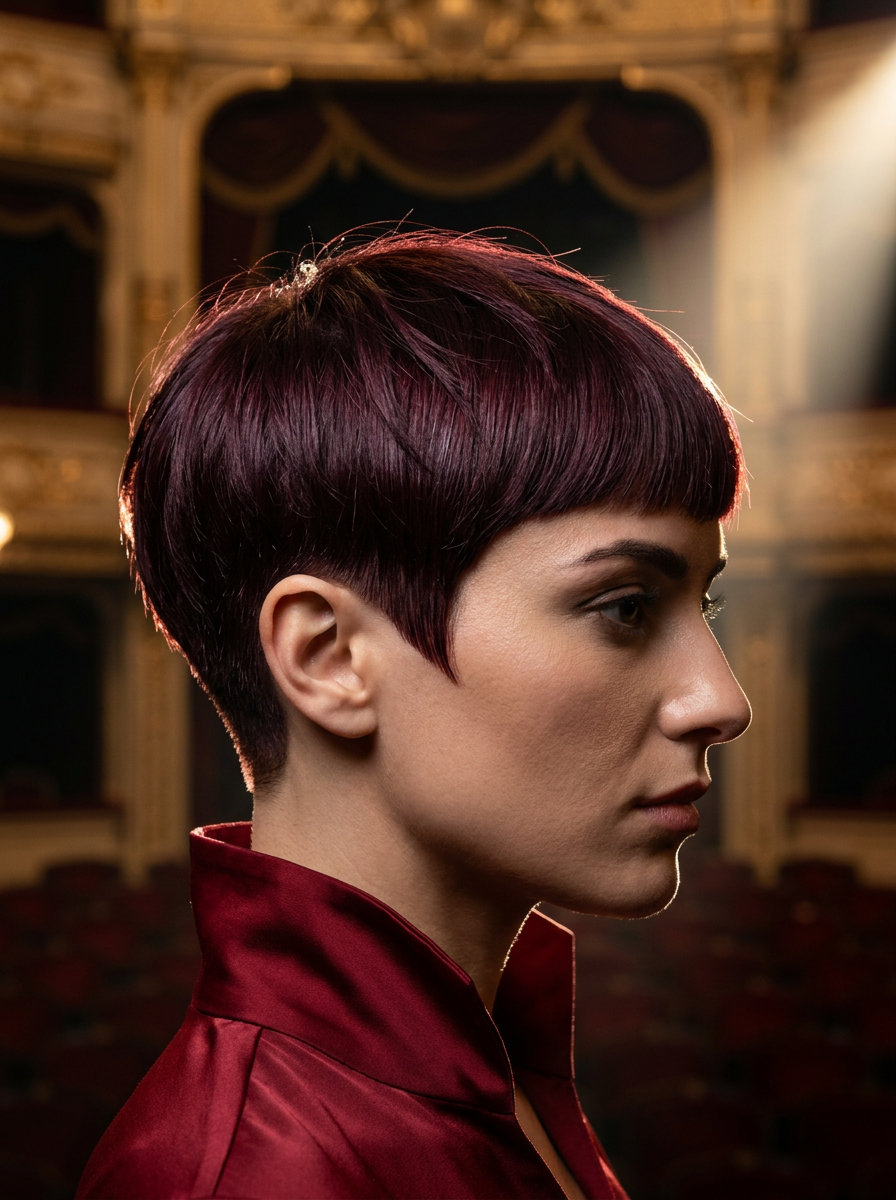 very short pixie haircut in deep burgundy with plum undertones, razor sculpted edges, micro-fringe — bold evening look