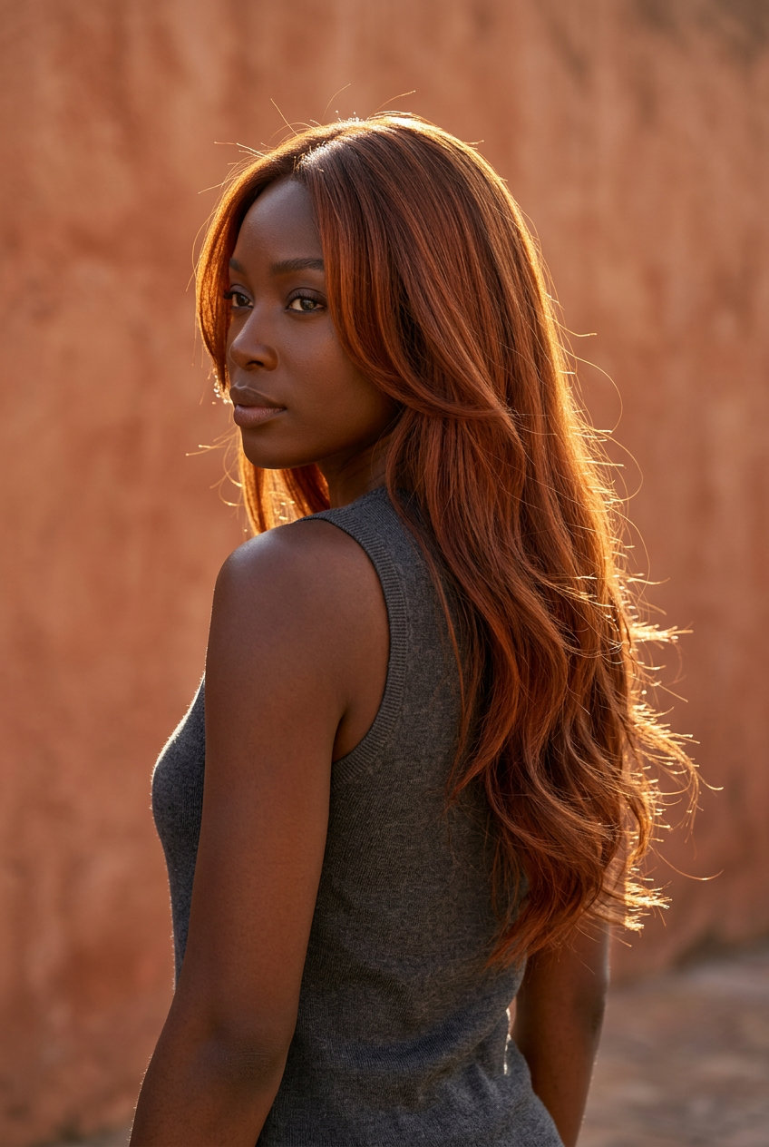 mid-back length flow cut auburn hair with burnt sienna color, U-shaped layers, and face-framing for glamorous events