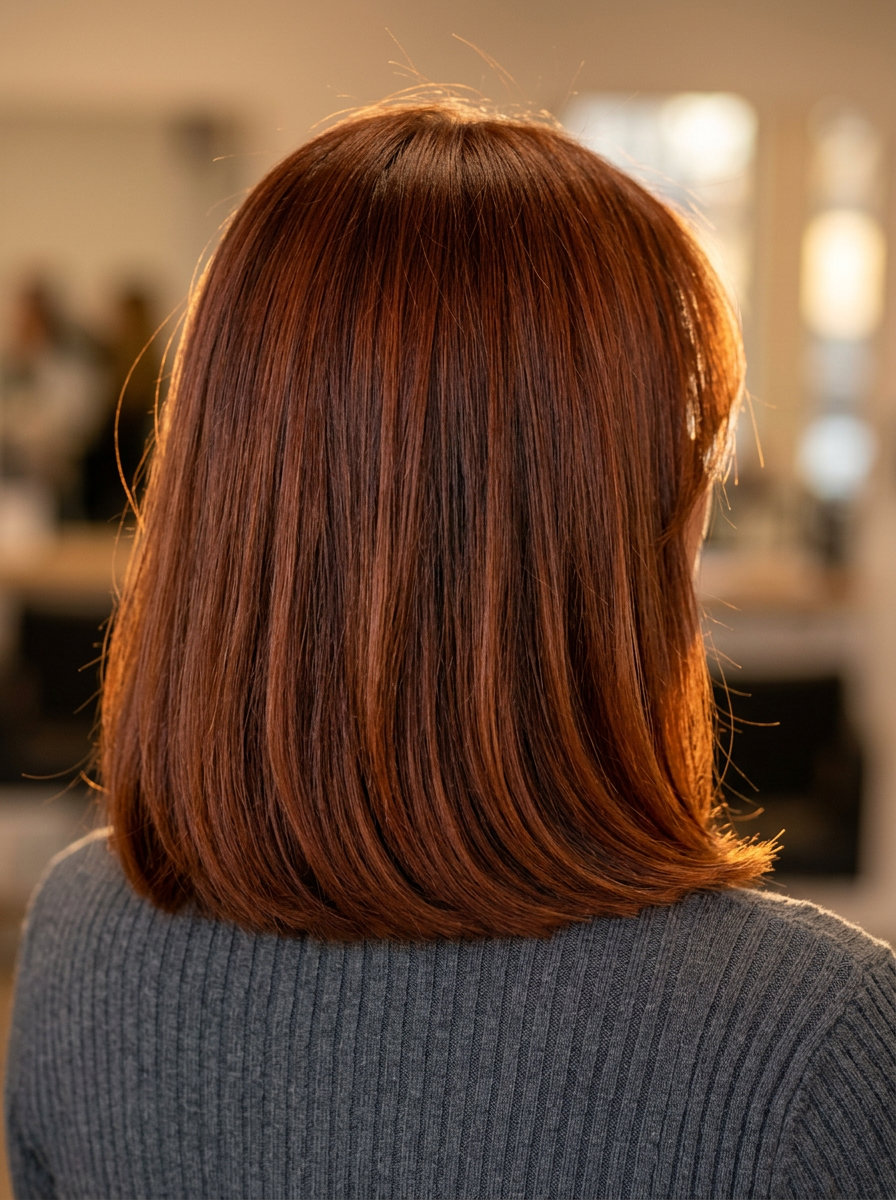 shoulder-length lob auburn haircut with deep burnt sienna color, subtle lowlights, and Birkin bangs for romantic brunch