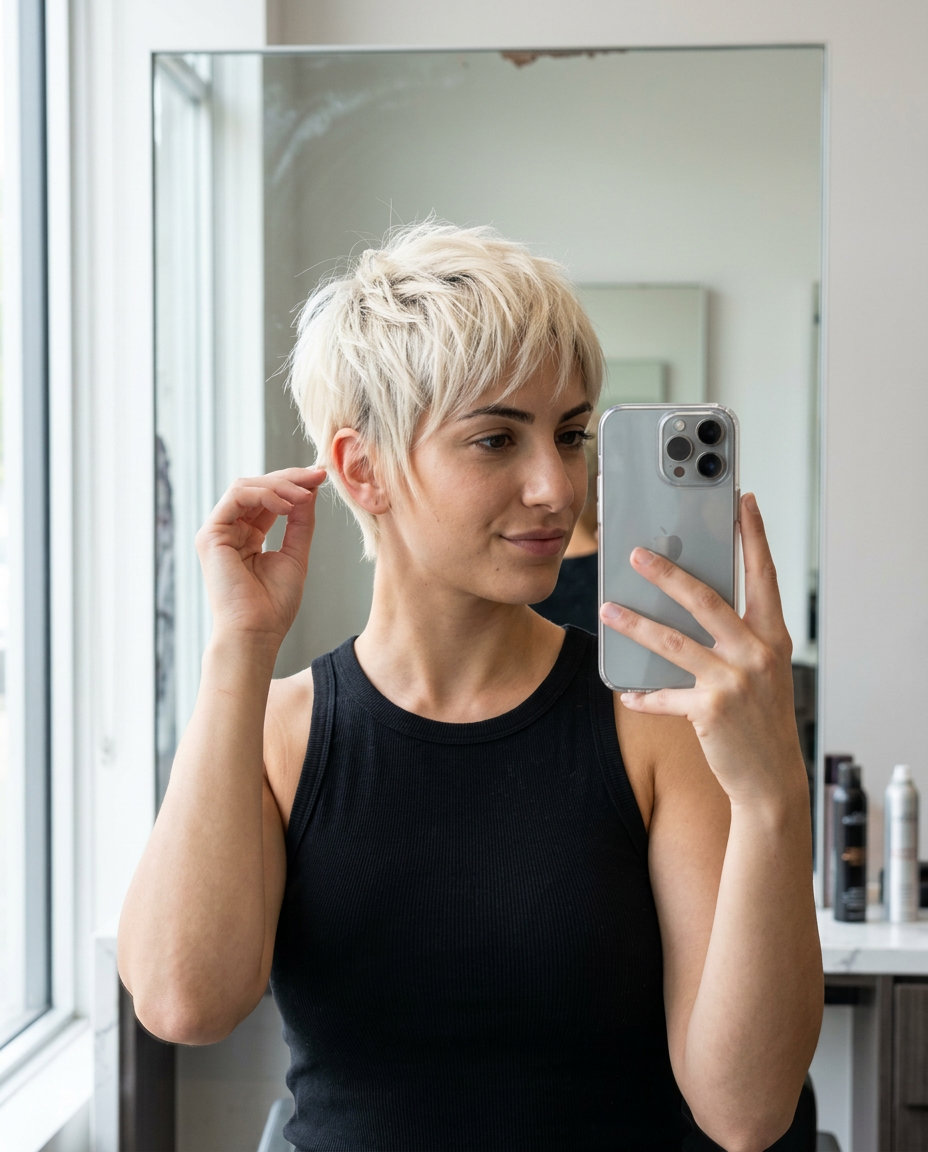 very short bixie haircut in butter-cream platinum with razored texture and soft root smudge for festivals