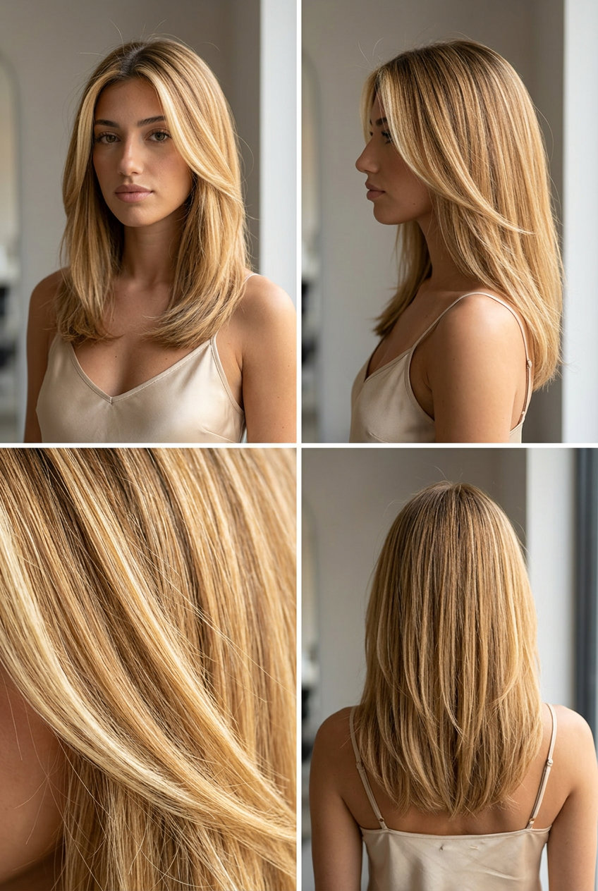 medium-long layered cut with butter-gold money pieces and honey blonde body, face-framing layers — bold, glamorous