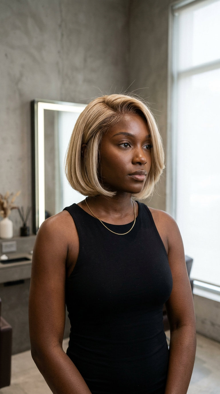 chin-length buttercream blonde bob with golden babylights and vanilla root shadow for date nights