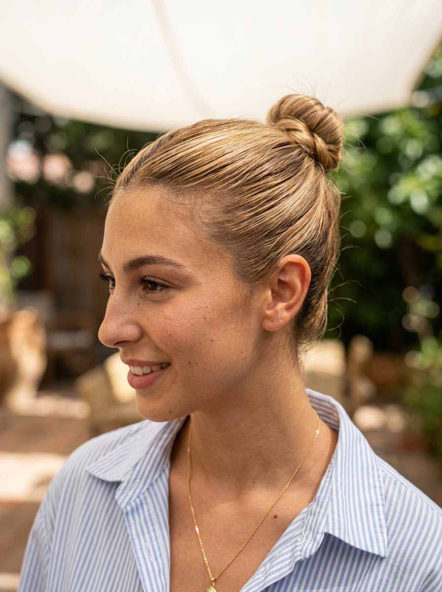 chin-length warm buttercream blonde micro-bun with honey babylights for chic looks
