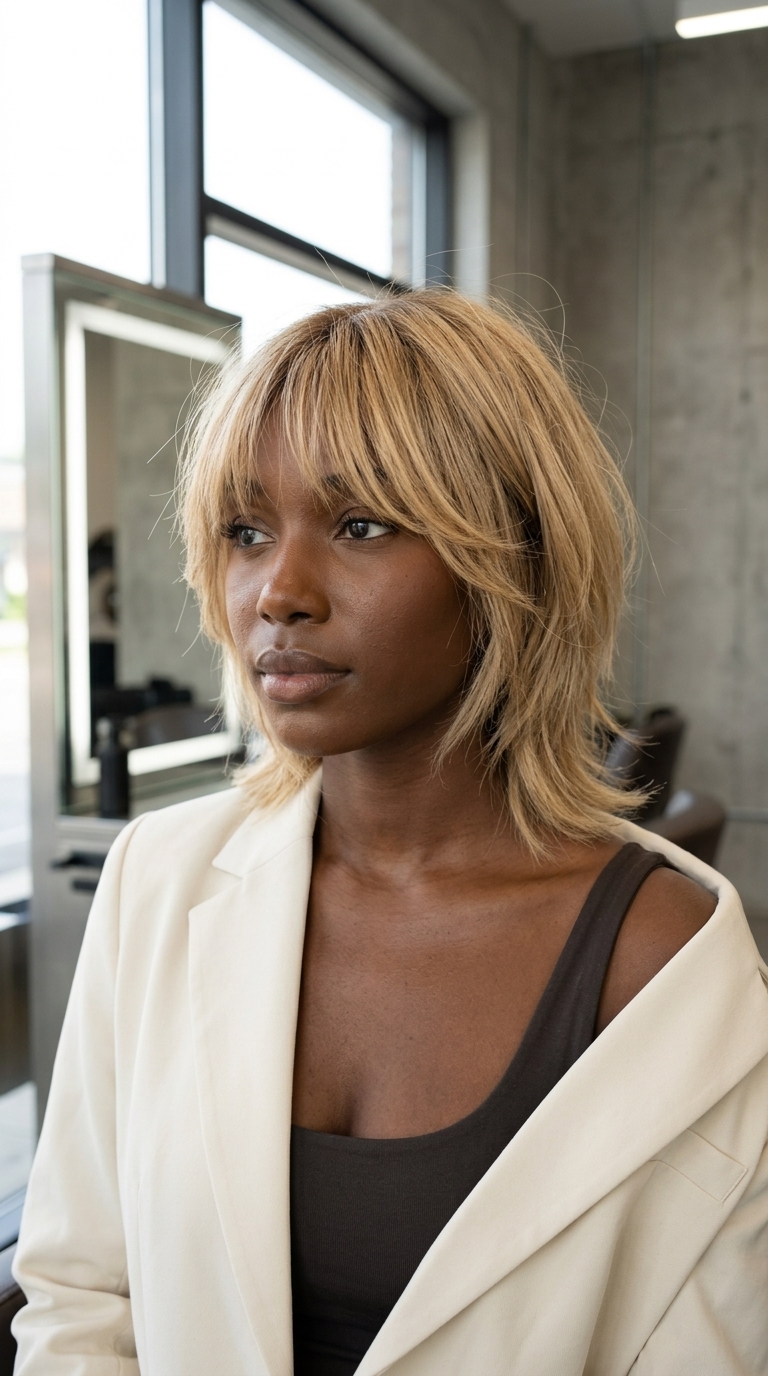 Sun-Kissed Cali Shag 2026 chin-length textured shag haircut in buttercream blonde with honey babylights and wispy fringe