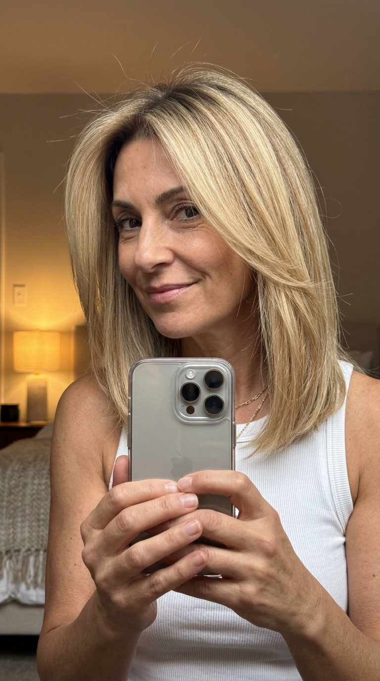 collarbone-length lob with buttercream blonde hair, honey-gold balayage, and vanilla root smudge for summer