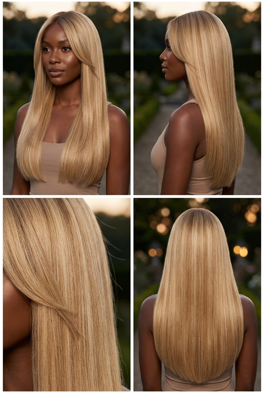 long blunt cut warm buttercream blonde with honey babylights and vanilla root shadow for date night