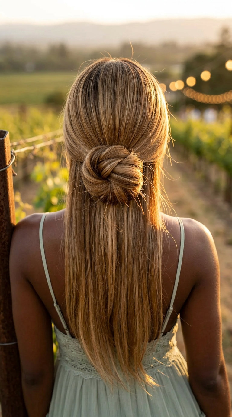long layered haircut with warm buttercream blonde balayage, face-framing layers for elegant summer bun