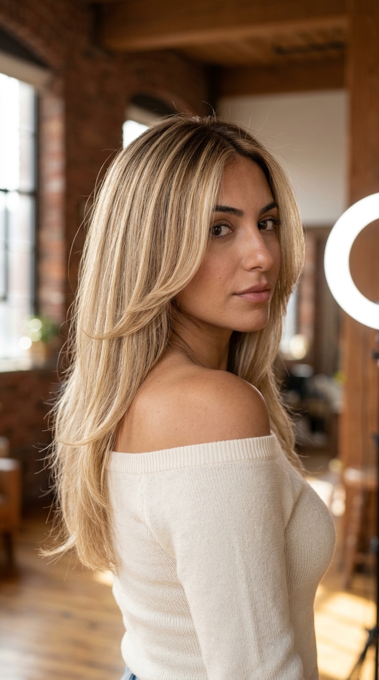 long layered face-framing haircut in warm buttercream blonde with honey babylights for summer