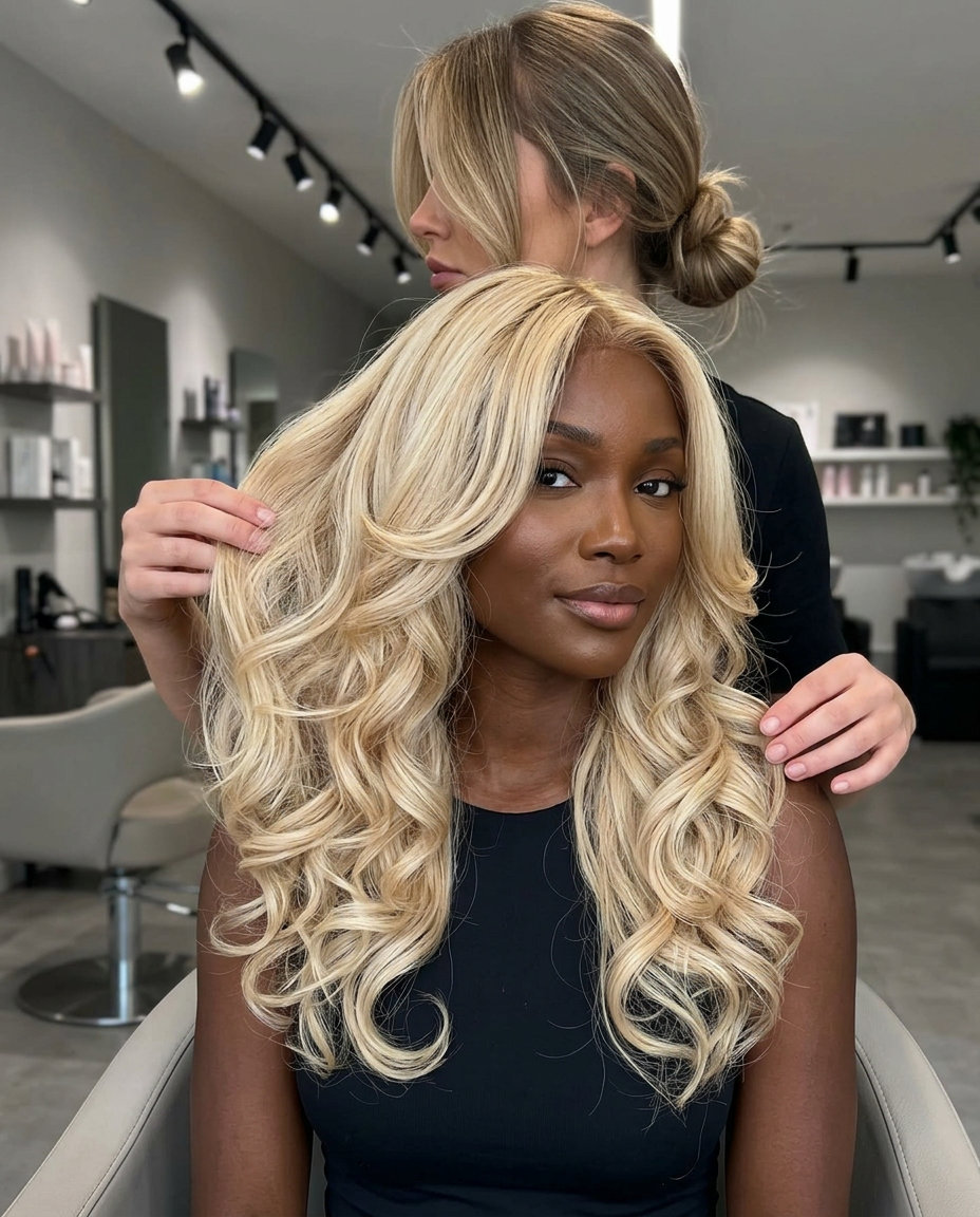 long layered face-framing haircut in buttercream blonde with vanilla babylights