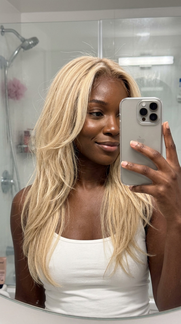 long layered buttercream blonde with face-framing layers and vanilla highlights for summer