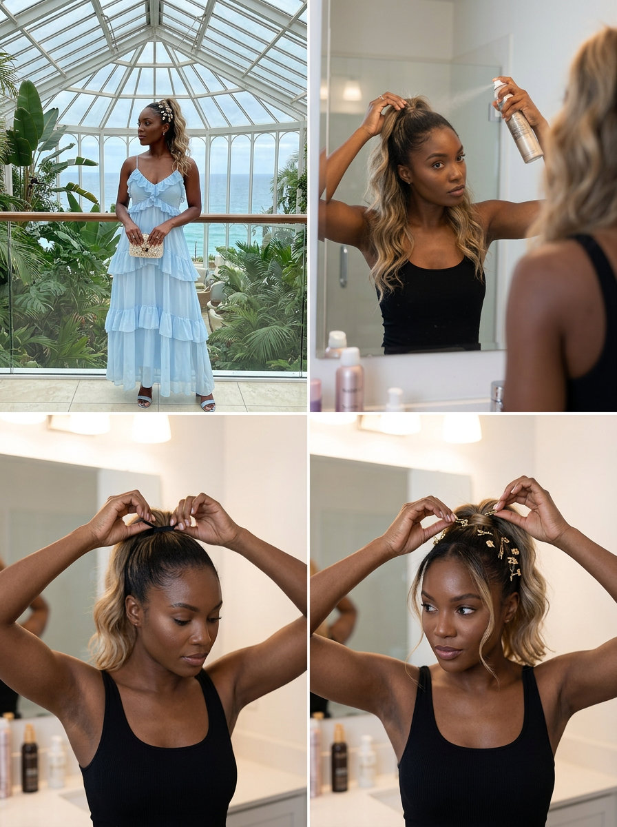 Glam Clip-Adorned Palm Pony 2026 long wavy ponytail with buttercream blonde balayage, decorative clips for glamorous date night
