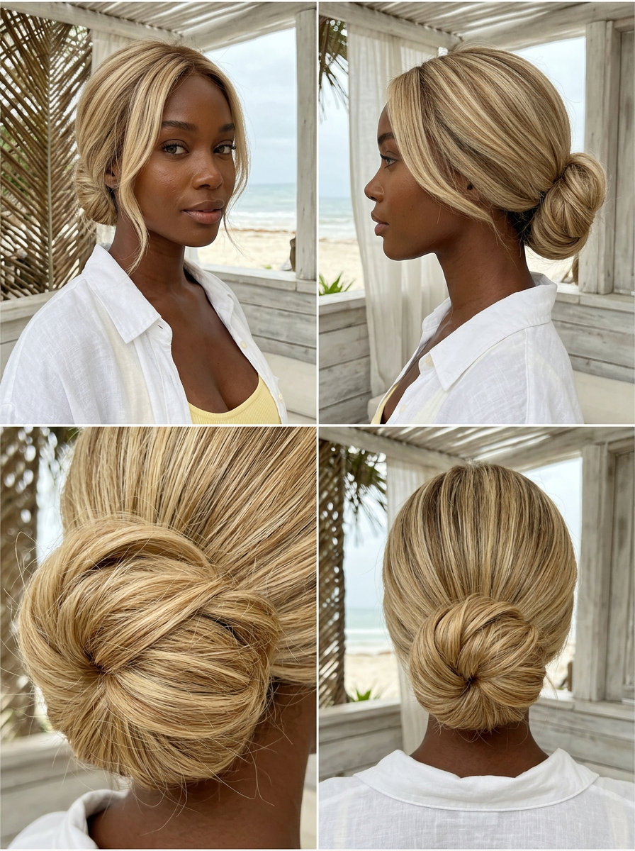long creamy buttercream blonde bun with honey babylights for relaxed glam