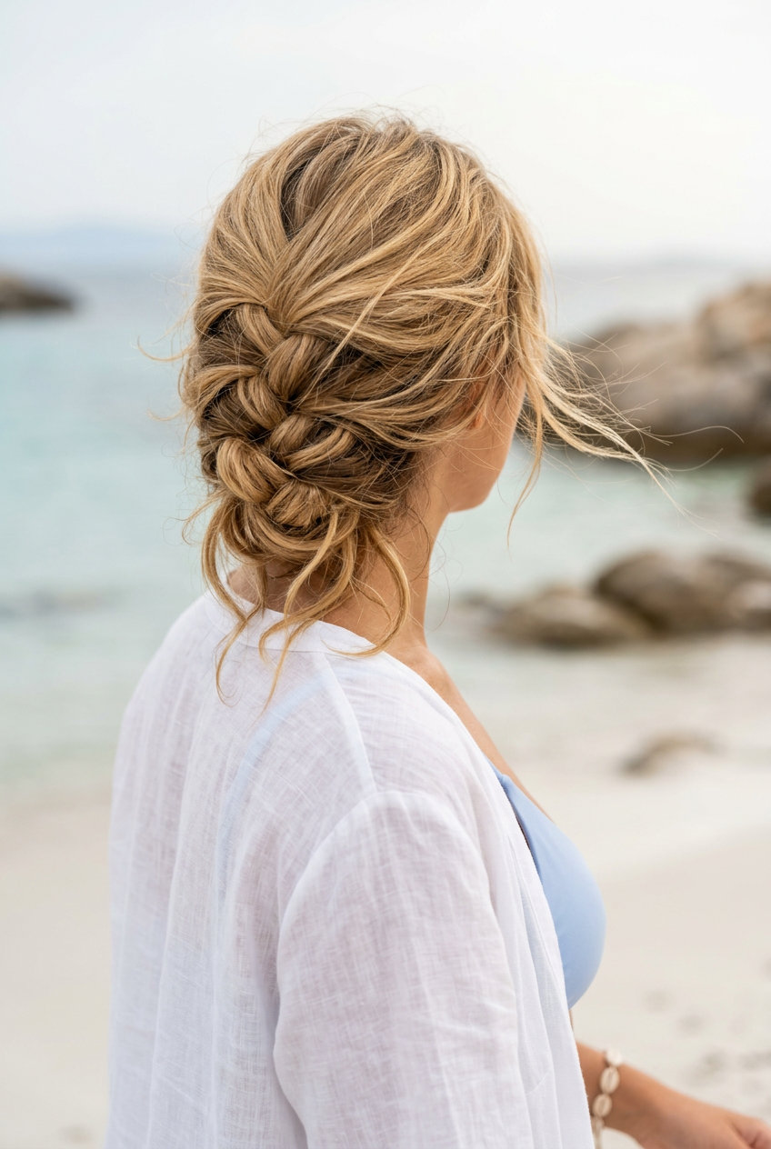 long buttercream blonde messy summer updo hairstyle with honey babylights, loop bun, beachy waves — casual beach day