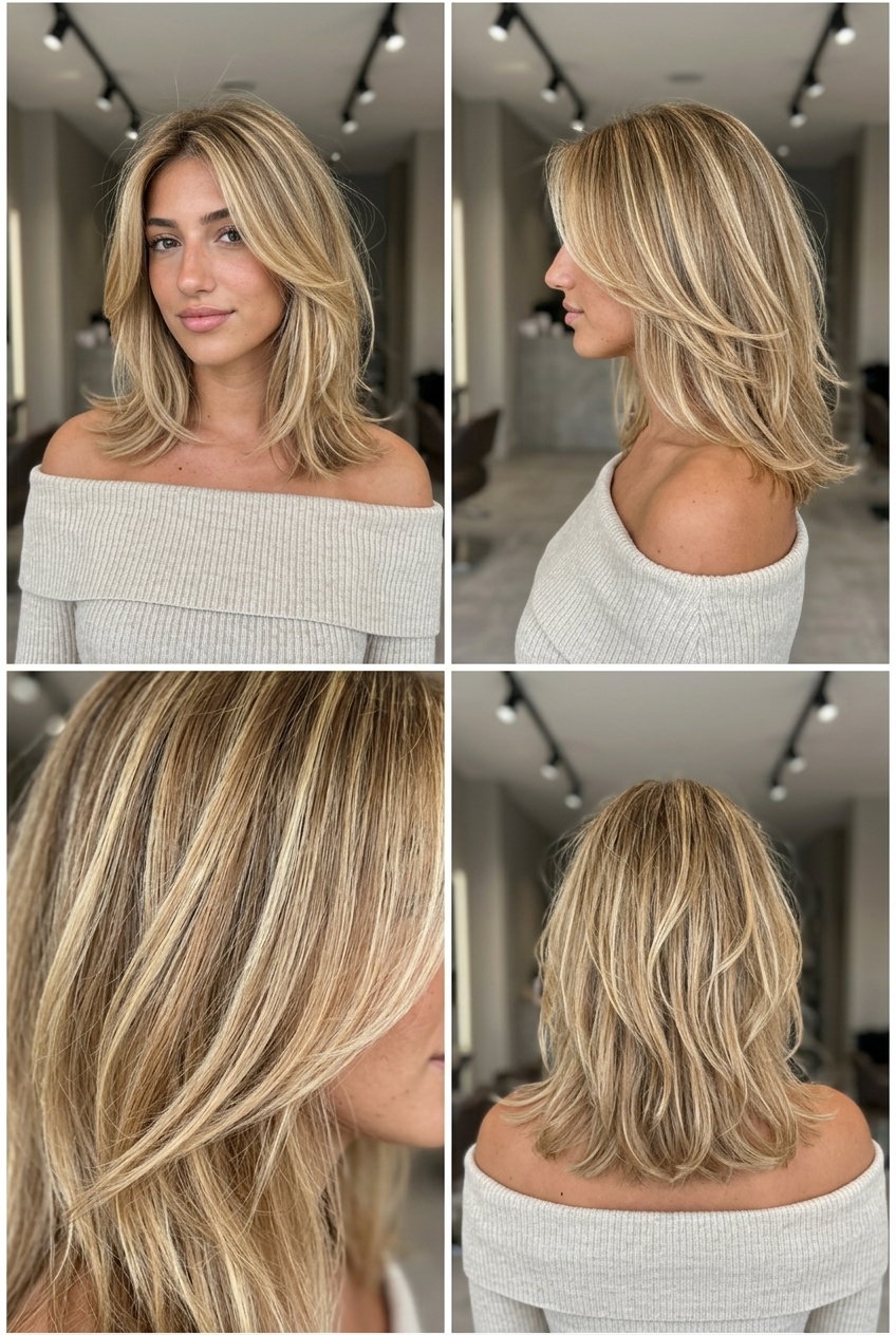 Boho Airy Layered Midi Haircut medium buttercream blonde haircut with sandy blonde base and foilayage highlights, airy internal layers for boho chic