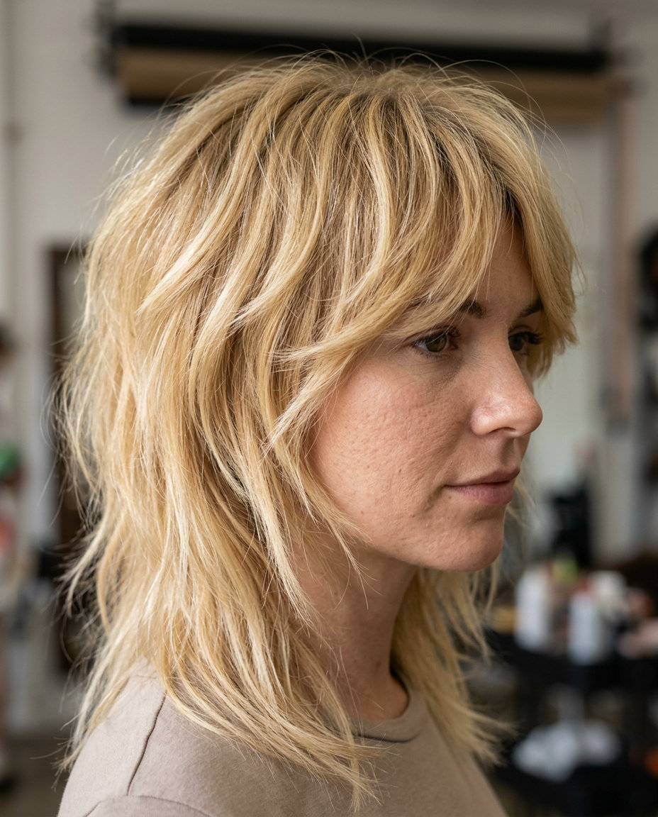 medium butterfly haircut in buttercream blonde, choppy layers, curtain bangs — retro