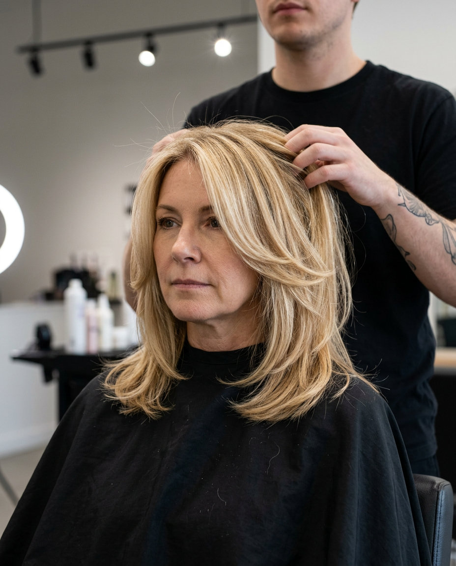 medium butterfly haircut with buttercream blonde honey lowlights, face-framing layers, vanilla root shadow — playful, youthful, breezy