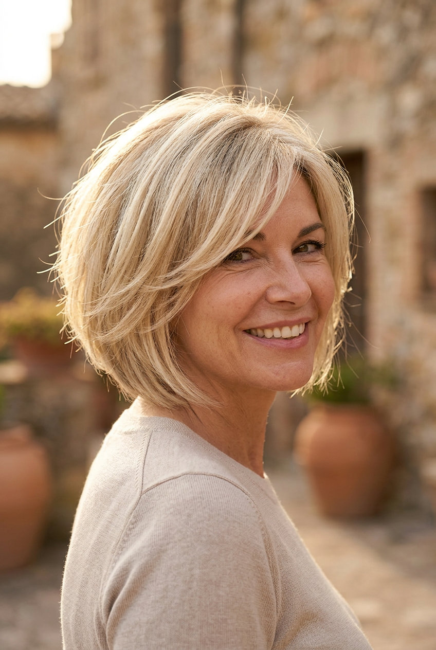 short bixie haircut with buttercream blonde hair, honey babylights, and tapered nape for summer