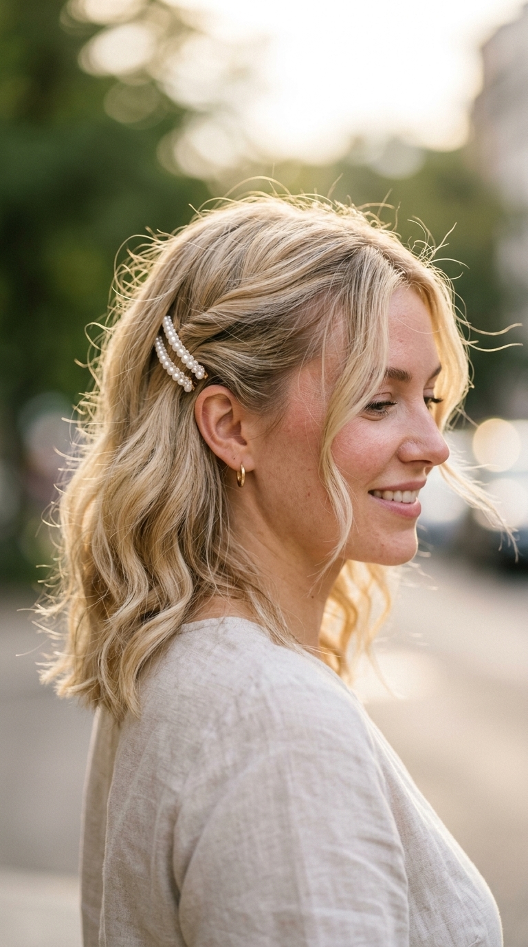short buttercream blonde bob with soft waves and pearl clips for romantic summer